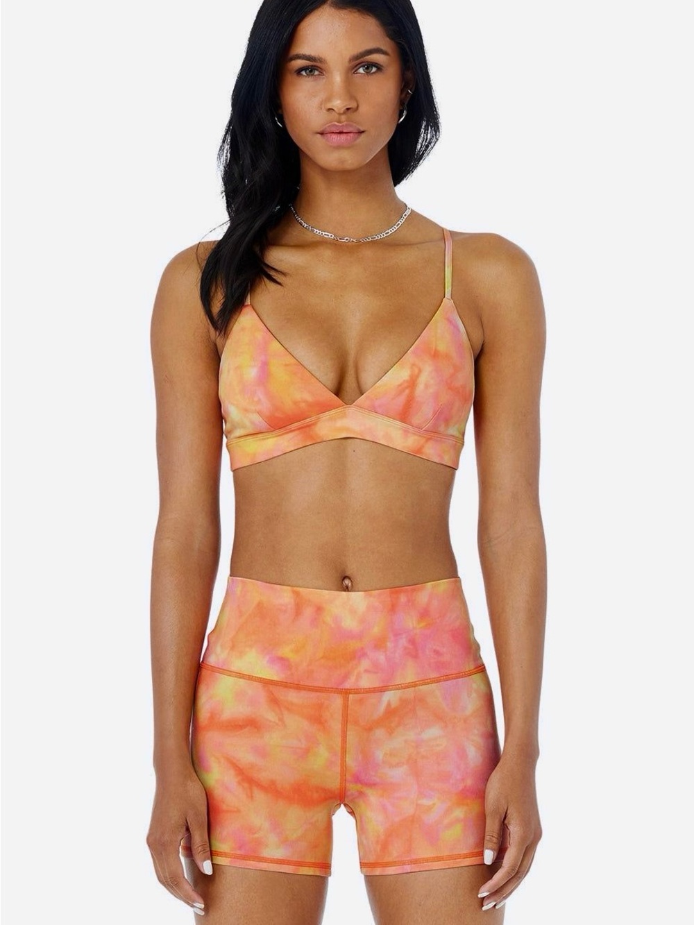 ✨NWT Alo Yoga Airbrush Cloud Tie Dye Set Bra & Shorts Neon Apricot Sunset Small